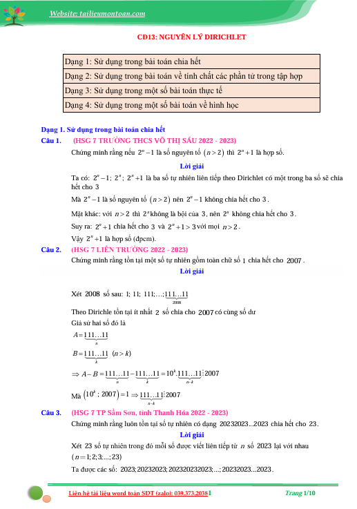 Các bài toán nâng cao 7 sử dụng định lý Dirichlet 